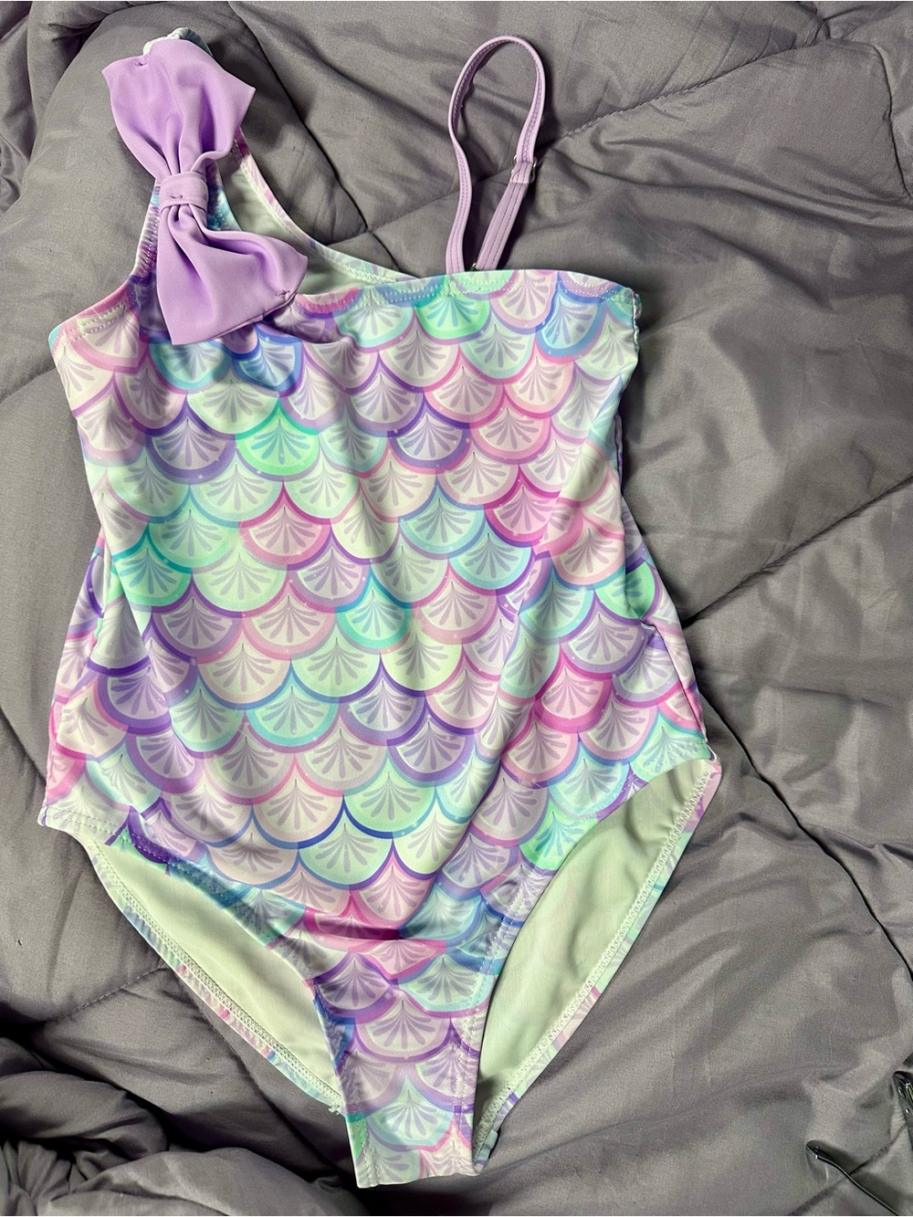 Pastel Mermaid Scale One-Shoulder Swimsuit with Bow